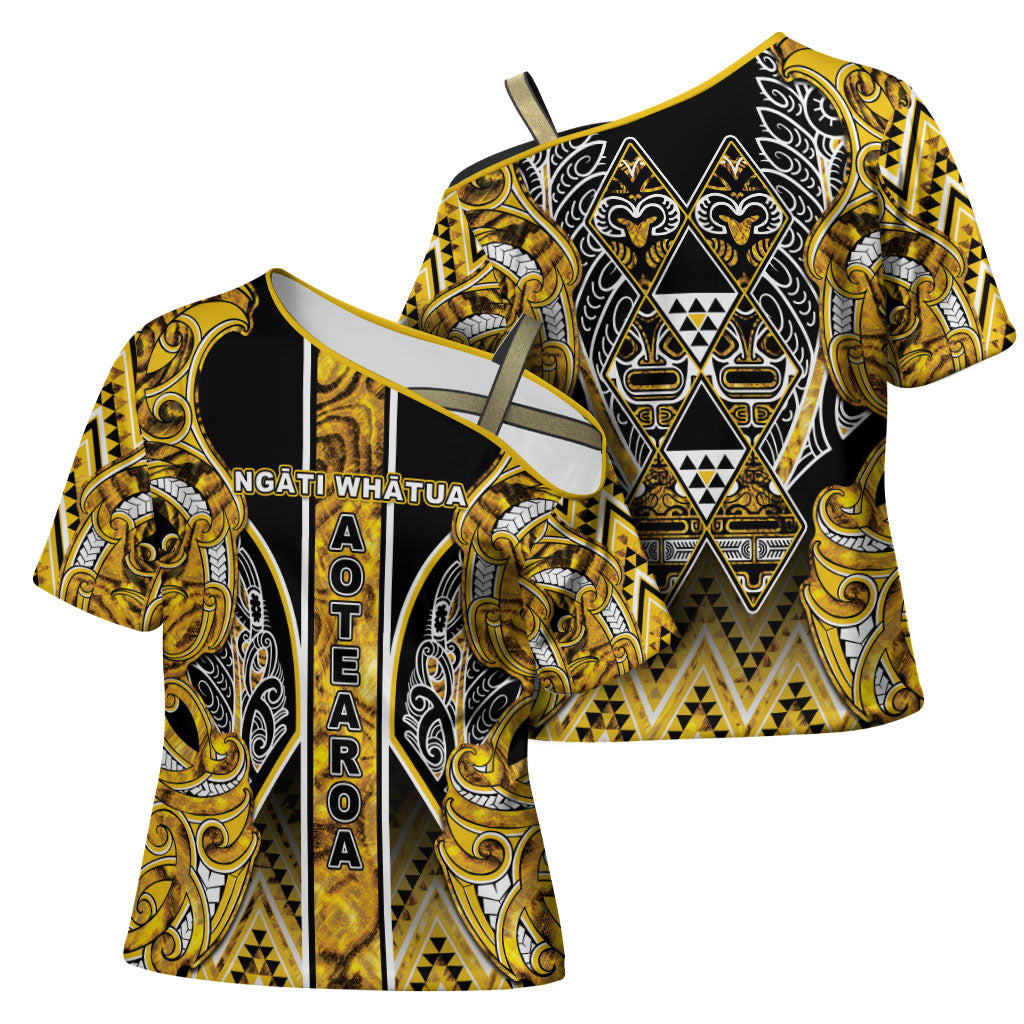Aotearoa Ngati Whatua Cross Shoulder Shirt Maori Tribal Gold Paua Shell Pattern