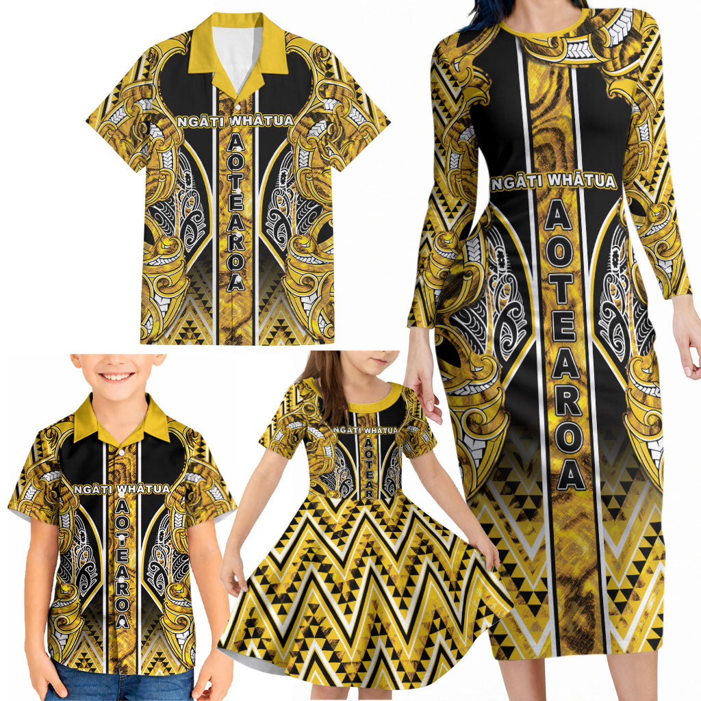 Aotearoa Ngati Whatua Family Matching Long Sleeve Bodycon Dress and Hawaiian Shirt Maori Tribal Gold Paua Shell Pattern