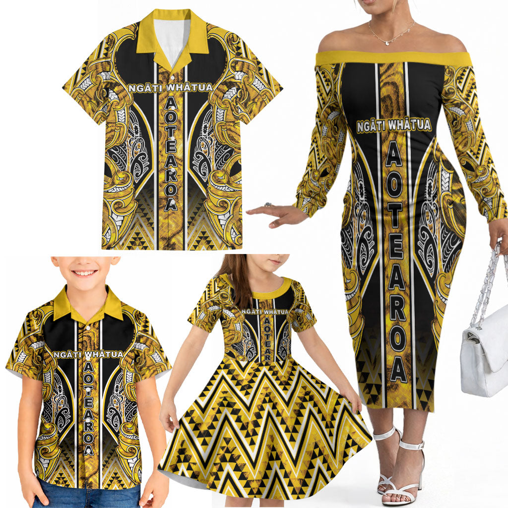 Aotearoa Ngati Whatua Family Matching Off The Shoulder Long Sleeve Dress and Hawaiian Shirt Maori Tribal Gold Paua Shell Pattern