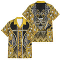 Aotearoa Ngati Whatua Family Matching Off The Shoulder Long Sleeve Dress and Hawaiian Shirt Maori Tribal Gold Paua Shell Pattern