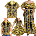 Aotearoa Ngati Whatua Family Matching Off Shoulder Maxi Dress and Hawaiian Shirt Maori Tribal Gold Paua Shell Pattern