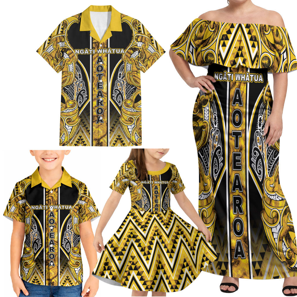 Aotearoa Ngati Whatua Family Matching Off Shoulder Maxi Dress and Hawaiian Shirt Maori Tribal Gold Paua Shell Pattern