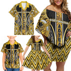Aotearoa Ngati Whatua Family Matching Off Shoulder Short Dress and Hawaiian Shirt Maori Tribal Gold Paua Shell Pattern