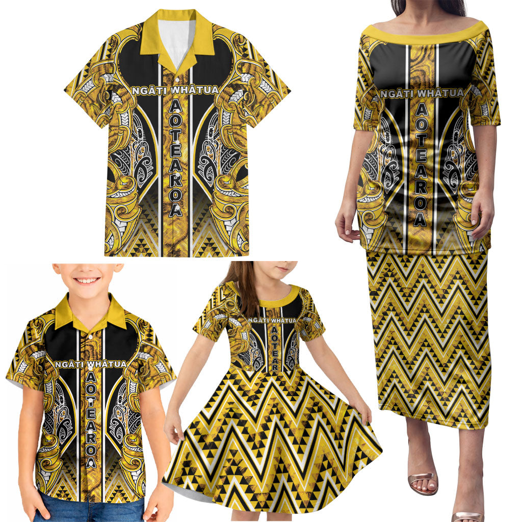 Aotearoa Ngati Whatua Family Matching Puletasi and Hawaiian Shirt Maori Tribal Gold Paua Shell Pattern