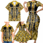 Aotearoa Ngati Whatua Family Matching Short Sleeve Bodycon Dress and Hawaiian Shirt Maori Tribal Gold Paua Shell Pattern