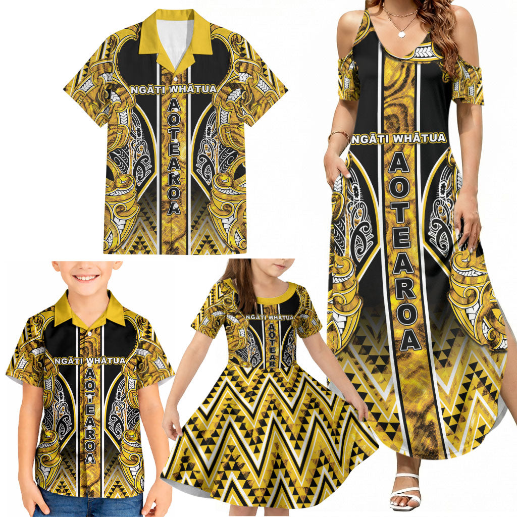 Aotearoa Ngati Whatua Family Matching Summer Maxi Dress and Hawaiian Shirt Maori Tribal Gold Paua Shell Pattern