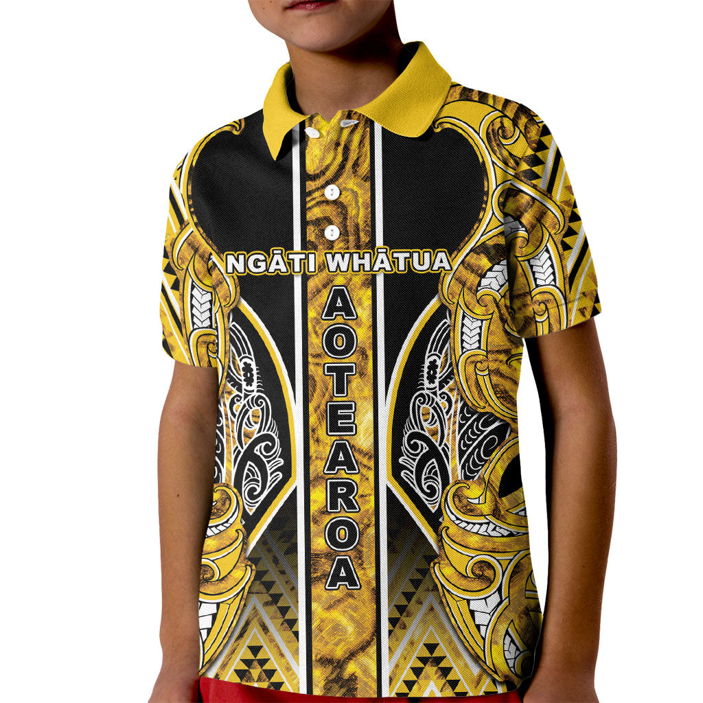 Aotearoa Ngati Whatua Kid Polo Shirt Maori Tribal Gold Paua Shell Pattern