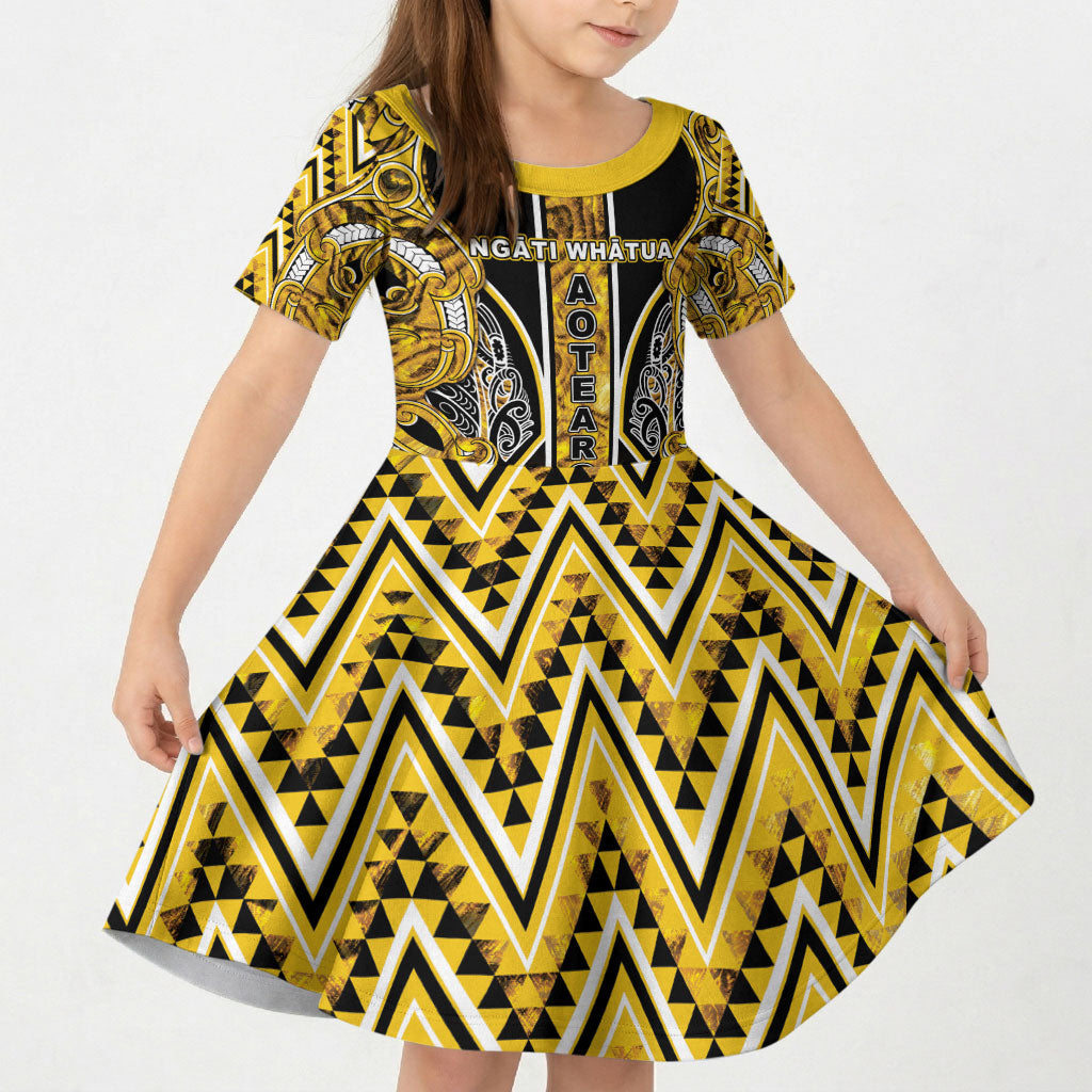 Aotearoa Ngati Whatua Kid Short Sleeve Dress Maori Tribal Gold Paua Shell Pattern