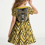 Aotearoa Ngati Whatua Kid Short Sleeve Dress Maori Tribal Gold Paua Shell Pattern
