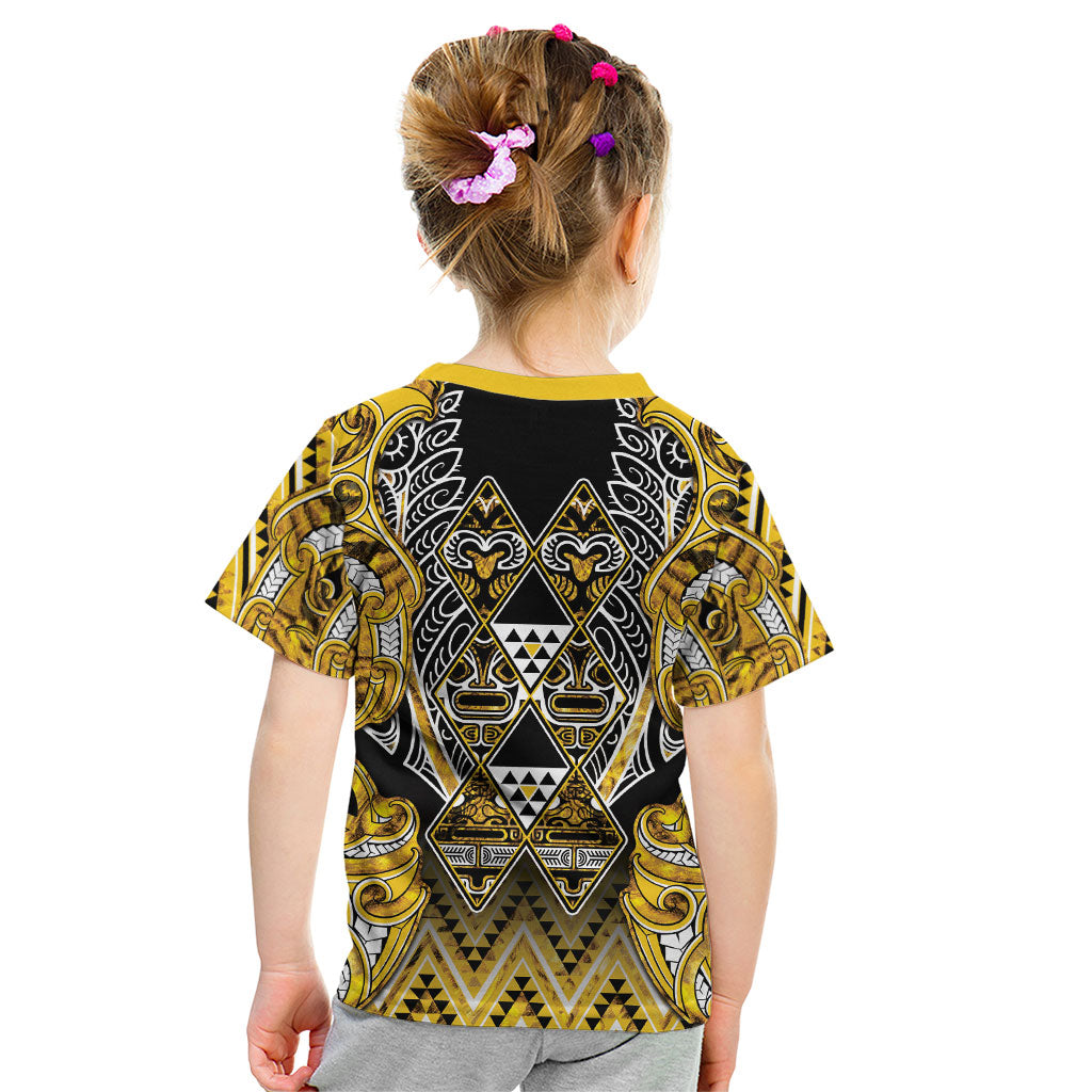 Aotearoa Ngati Whatua Kid T Shirt Maori Tribal Gold Paua Shell Pattern