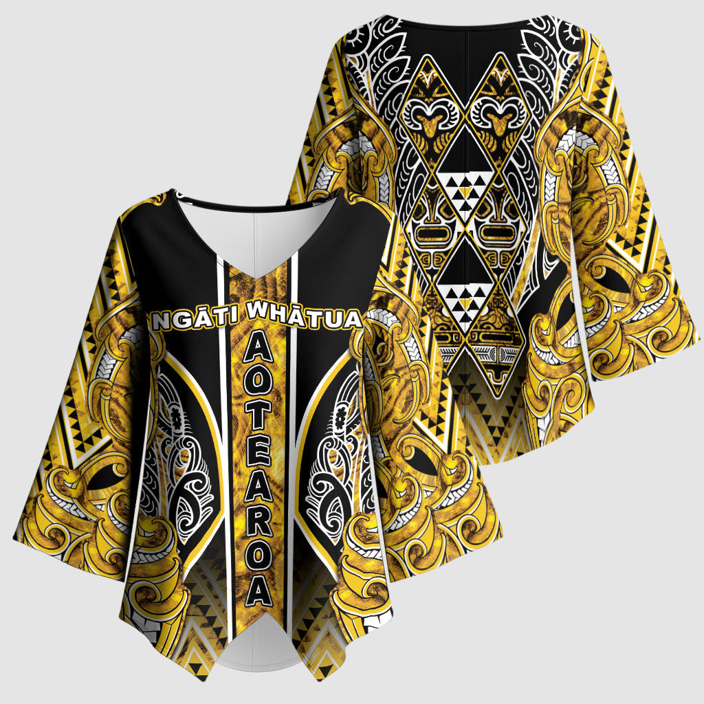 Aotearoa Ngati Whatua Kimono Sleeve Blouse Maori Tribal Gold Paua Shell Pattern