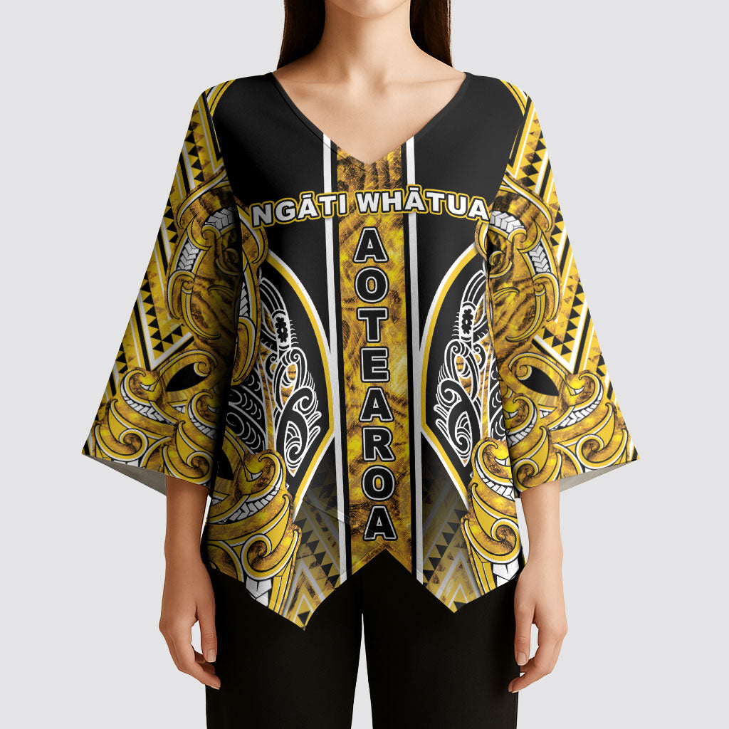 Aotearoa Ngati Whatua Kimono Sleeve Blouse Maori Tribal Gold Paua Shell Pattern