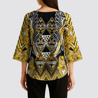 Aotearoa Ngati Whatua Kimono Sleeve Blouse Maori Tribal Gold Paua Shell Pattern