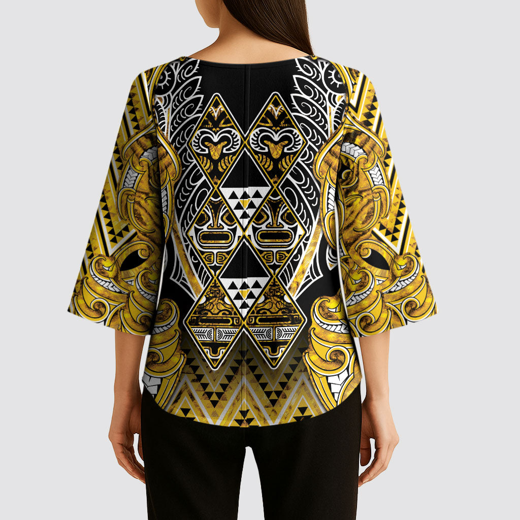 Aotearoa Ngati Whatua Kimono Sleeve Blouse Maori Tribal Gold Paua Shell Pattern