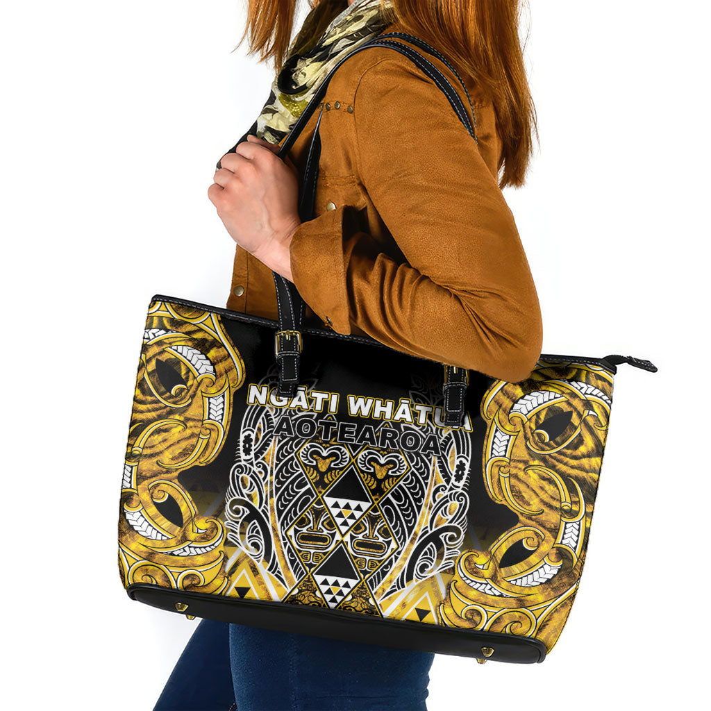 Aotearoa Ngati Whatua Leather Tote Bag Maori Tribal Gold Paua Shell Pattern