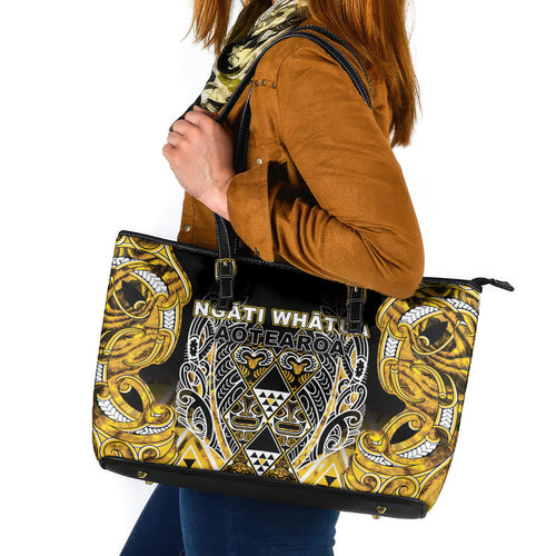 Aotearoa Ngati Whatua Leather Tote Bag Maori Tribal Gold Paua Shell Pattern