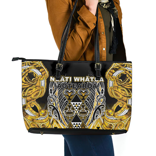Aotearoa Ngati Whatua Leather Tote Bag Maori Tribal Gold Paua Shell Pattern