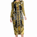 Aotearoa Ngati Whatua Long Sleeve Bodycon Dress Maori Tribal Gold Paua Shell Pattern