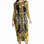 Aotearoa Ngati Whatua Long Sleeve Bodycon Dress Maori Tribal Gold Paua Shell Pattern
