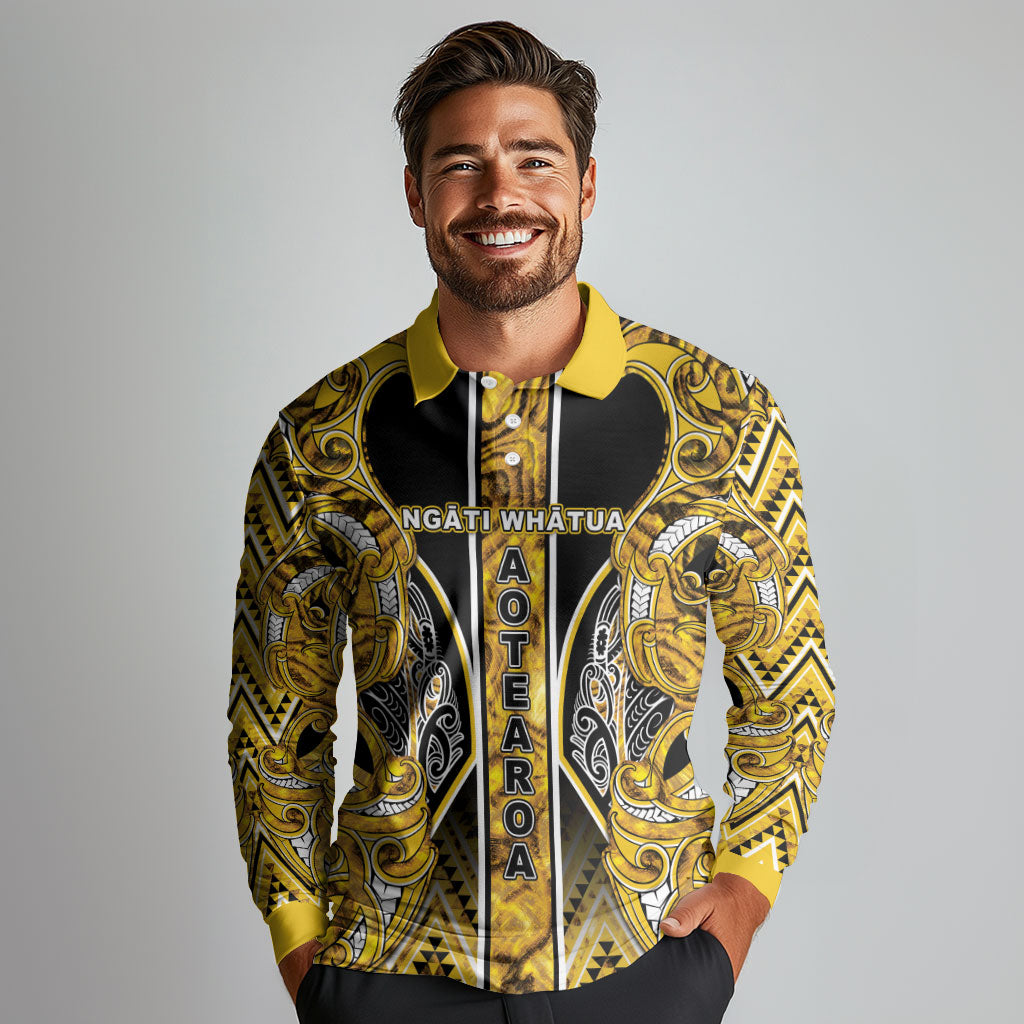 Aotearoa Ngati Whatua Long Sleeve Polo Shirt Maori Tribal Gold Paua Shell Pattern