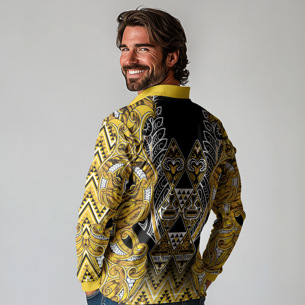 Aotearoa Ngati Whatua Long Sleeve Polo Shirt Maori Tribal Gold Paua Shell Pattern