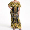 Aotearoa Ngati Whatua Off Shoulder Maxi Dress Maori Tribal Gold Paua Shell Pattern