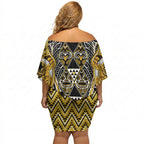 Aotearoa Ngati Whatua Off Shoulder Short Dress Maori Tribal Gold Paua Shell Pattern