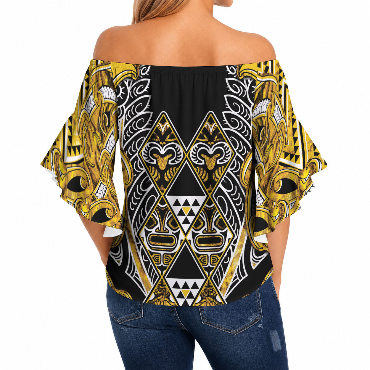 Aotearoa Ngati Whatua Off Shoulder Wrap Waist Top Maori Tribal Gold Paua Shell Pattern