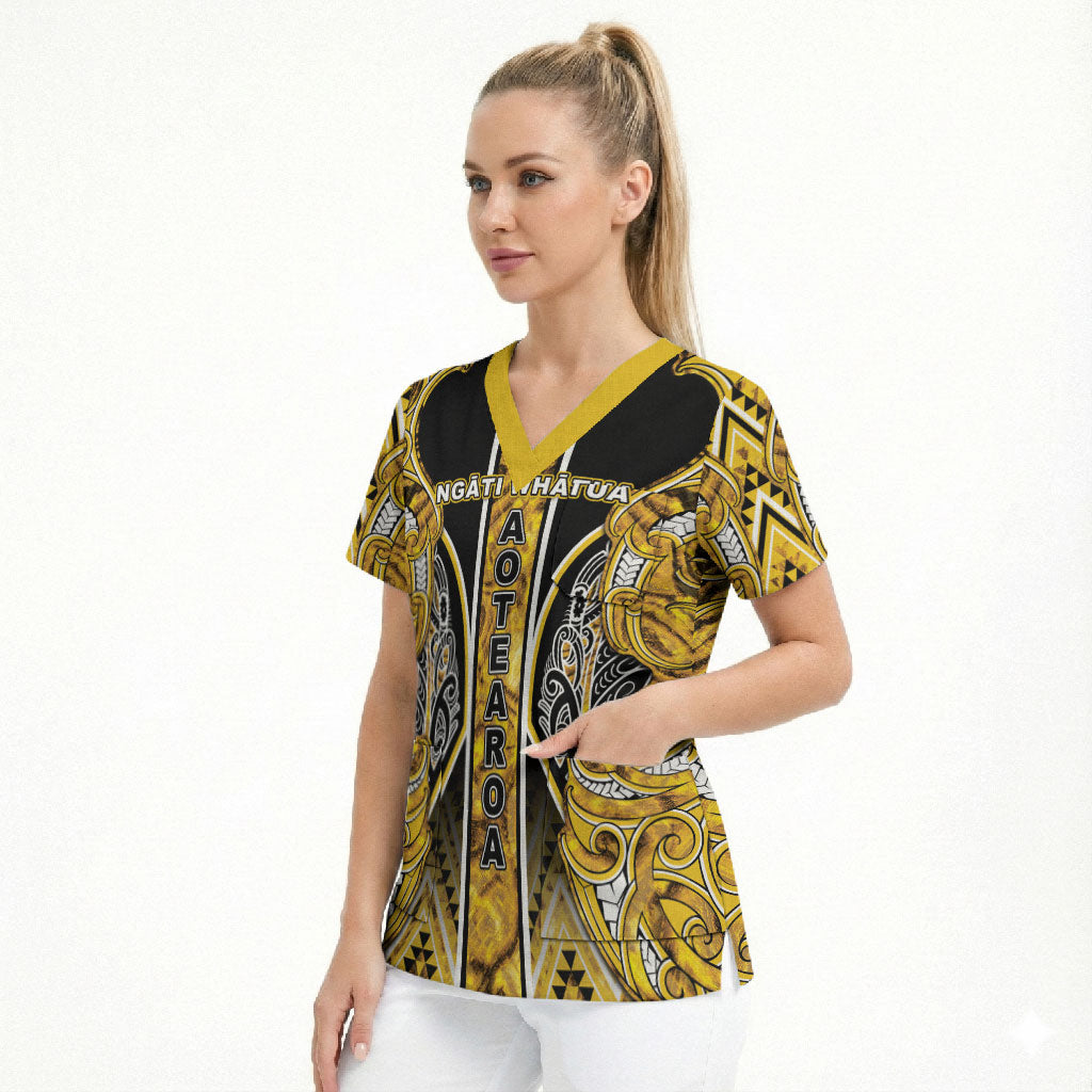 Aotearoa Ngati Whatua Scrub Top Maori Tribal Gold Paua Shell Pattern