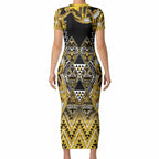 Aotearoa Ngati Whatua Short Sleeve Bodycon Dress Maori Tribal Gold Paua Shell Pattern