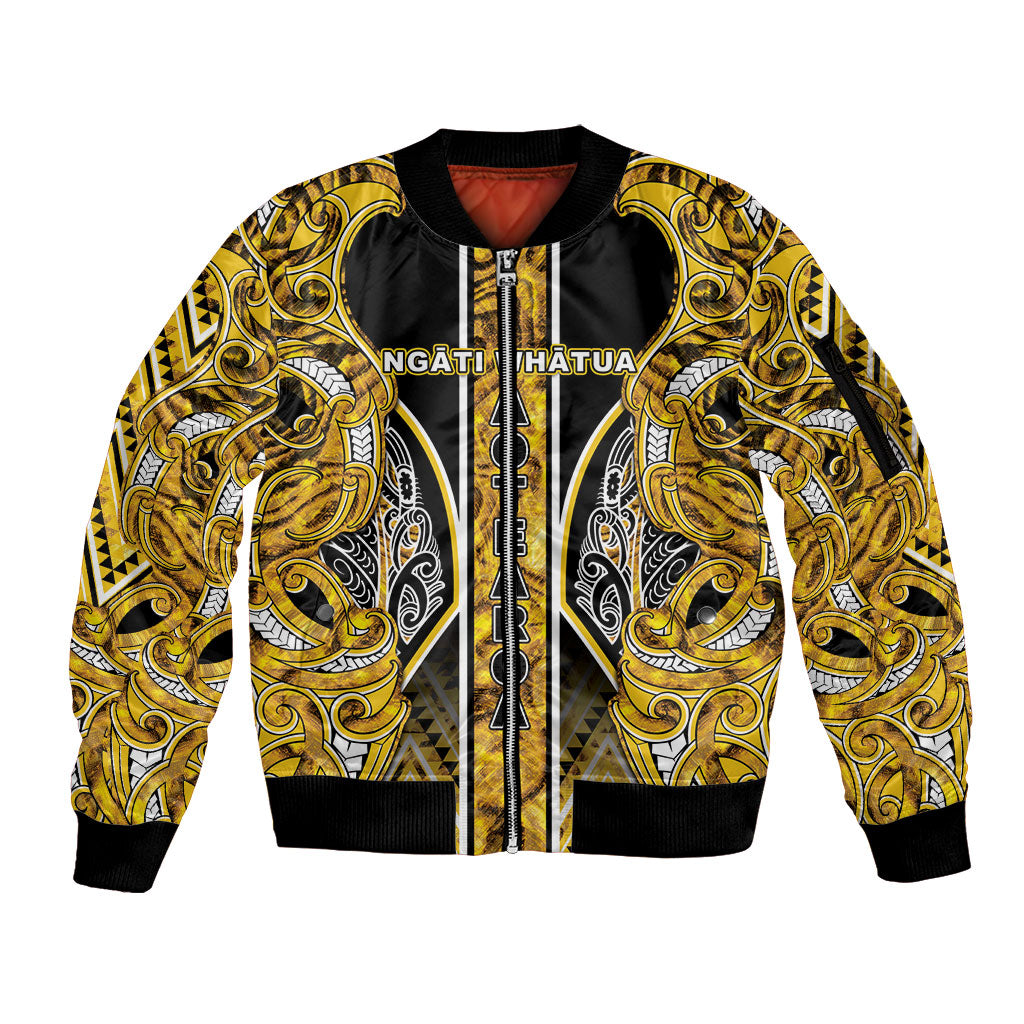 Aotearoa Ngati Whatua Sleeve Zip Bomber Jacket Maori Tribal Gold Paua Shell Pattern