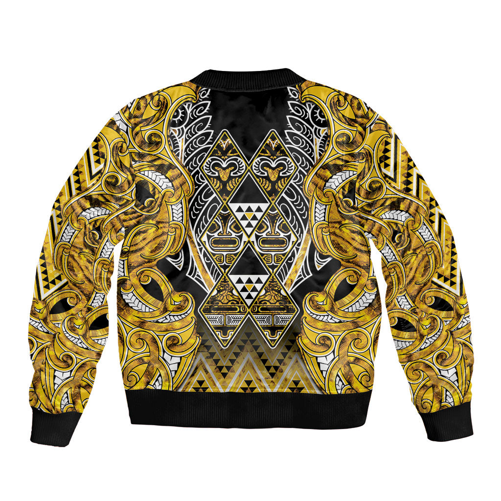 Aotearoa Ngati Whatua Sleeve Zip Bomber Jacket Maori Tribal Gold Paua Shell Pattern