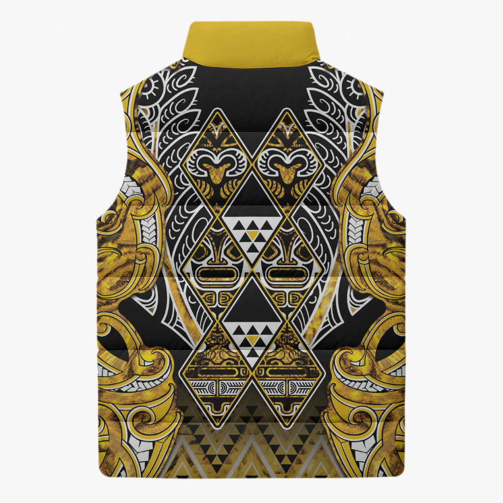 Aotearoa Ngati Whatua Sleeveless Puffer Jacket Maori Tribal Gold Paua Shell Pattern