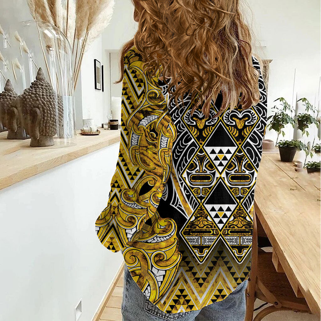 Aotearoa Ngati Whatua Women Casual Shirt Maori Tribal Gold Paua Shell Pattern