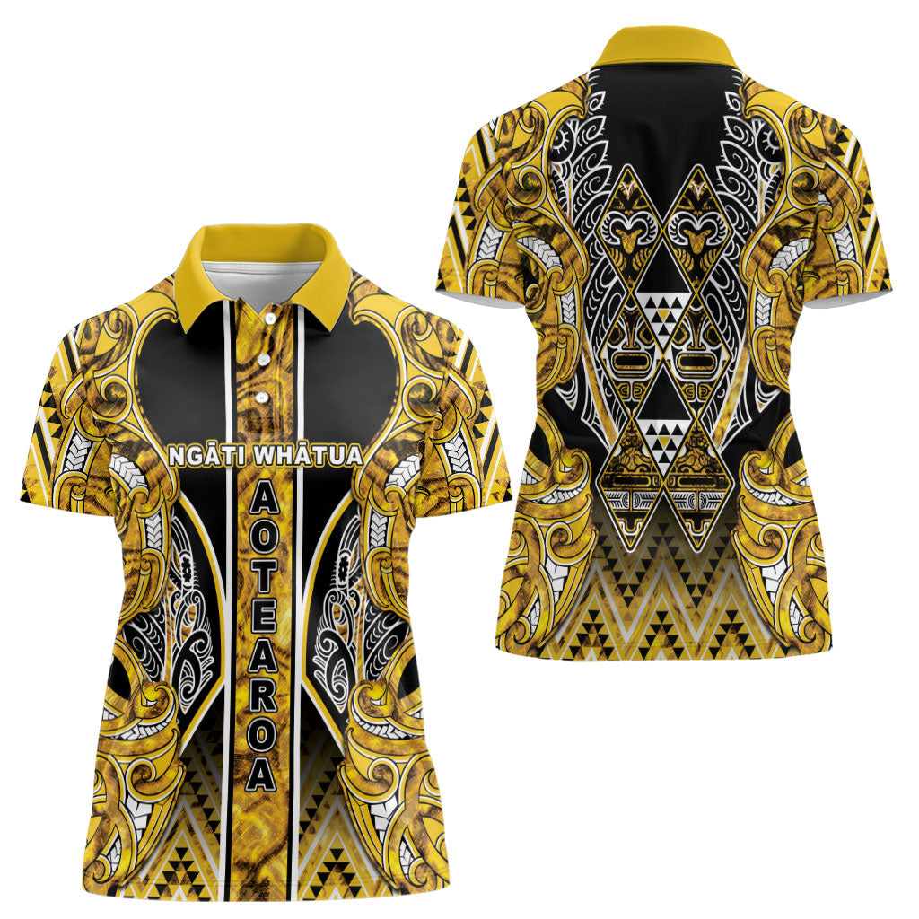 Aotearoa Ngati Whatua Women Polo Shirt Maori Tribal Gold Paua Shell Pattern