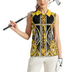 Aotearoa Ngati Whatua Women Sleeveless Polo Shirt Maori Tribal Gold Paua Shell Pattern