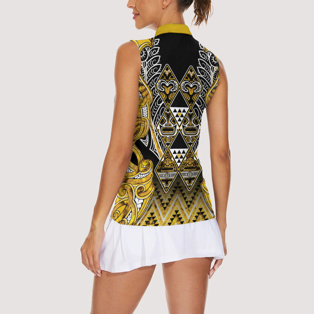 Aotearoa Ngati Whatua Women Sleeveless Polo Shirt Maori Tribal Gold Paua Shell Pattern