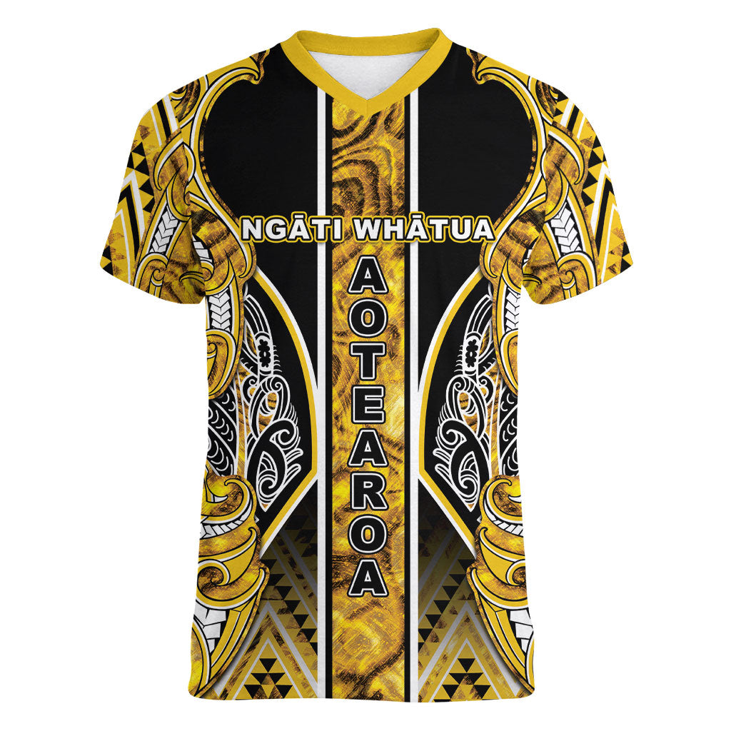 Aotearoa Ngati Whatua Women V-Neck T-Shirt Maori Tribal Gold Paua Shell Pattern