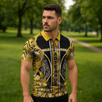 Aotearoa Ngati Whatua Zipper Polo Shirt Maori Tribal Gold Paua Shell Pattern