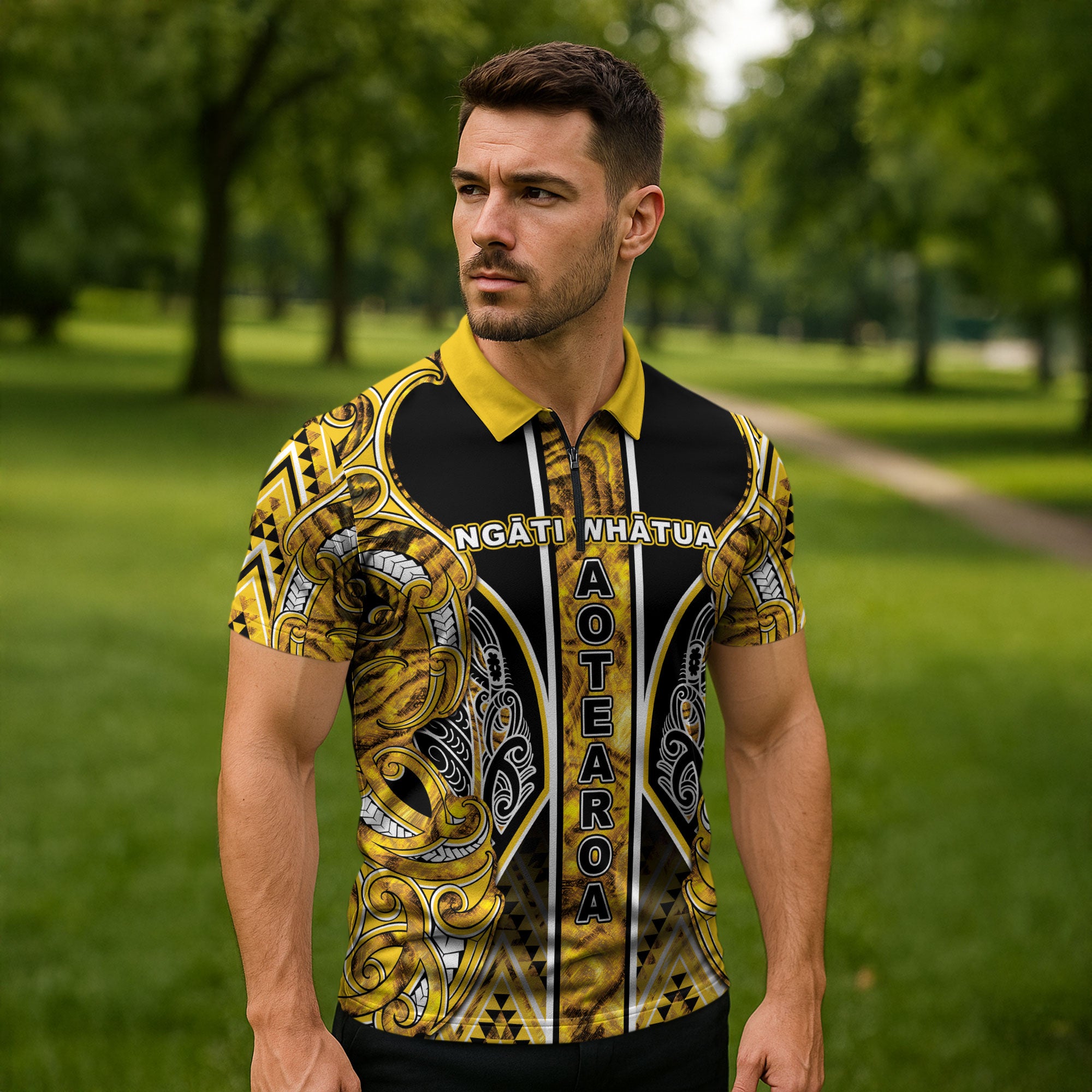 Aotearoa Ngati Whatua Zipper Polo Shirt Maori Tribal Gold Paua Shell Pattern