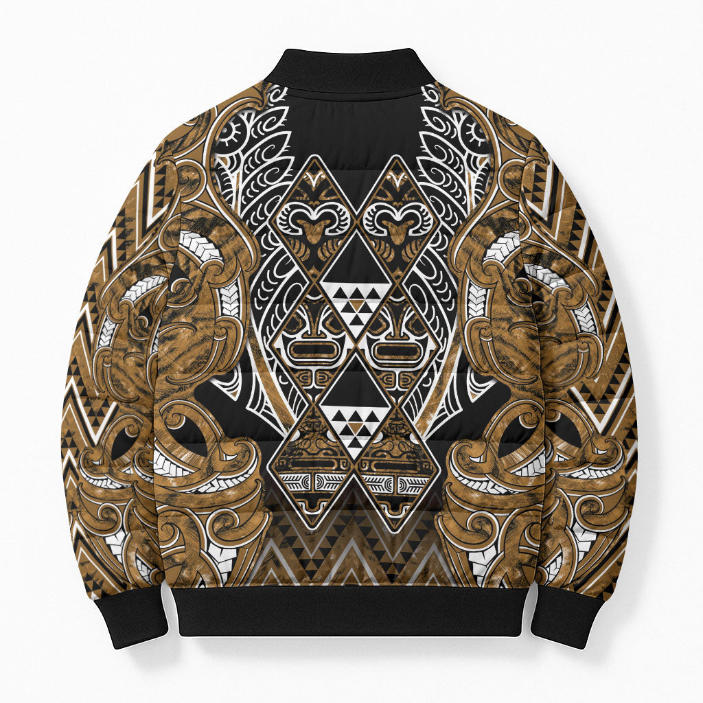 Aotearoa Kati Mamoe Bomber Puffer Jacket Maori Brown Tribal Paua Shell Pattern