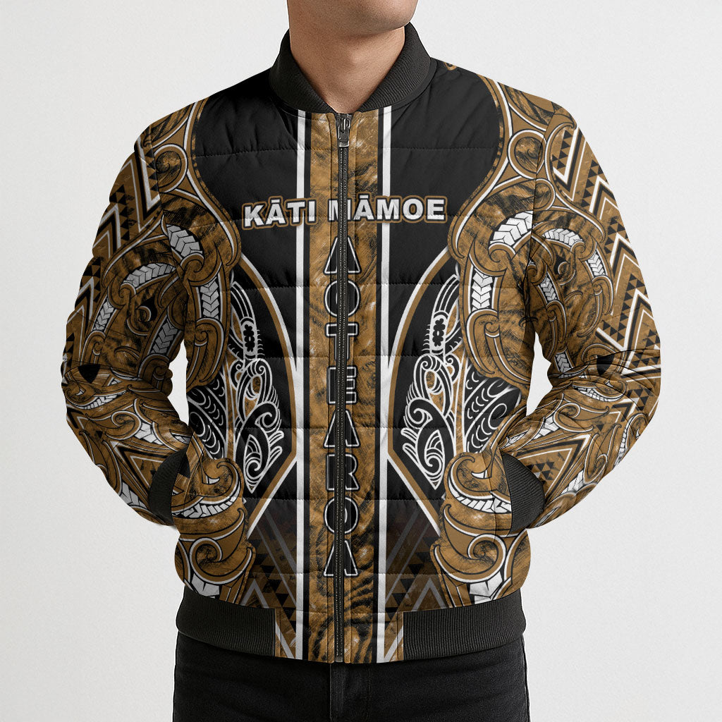 Aotearoa Kati Mamoe Bomber Puffer Jacket Maori Brown Tribal Paua Shell Pattern