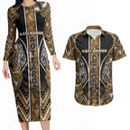 Aotearoa Kati Mamoe Couples Matching Long Sleeve Bodycon Dress and Hawaiian Shirt Maori Brown Tribal Paua Shell Pattern
