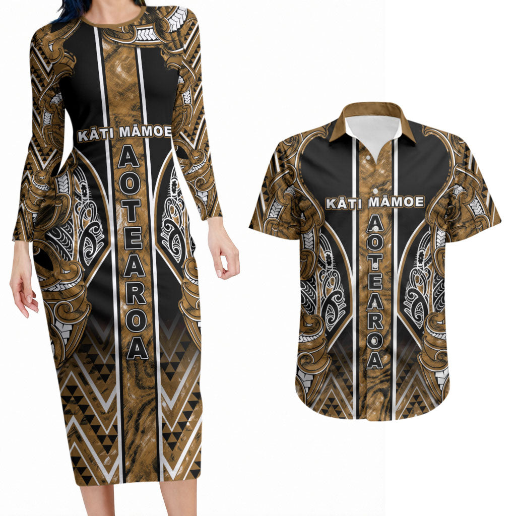 Aotearoa Kati Mamoe Couples Matching Long Sleeve Bodycon Dress and Hawaiian Shirt Maori Brown Tribal Paua Shell Pattern