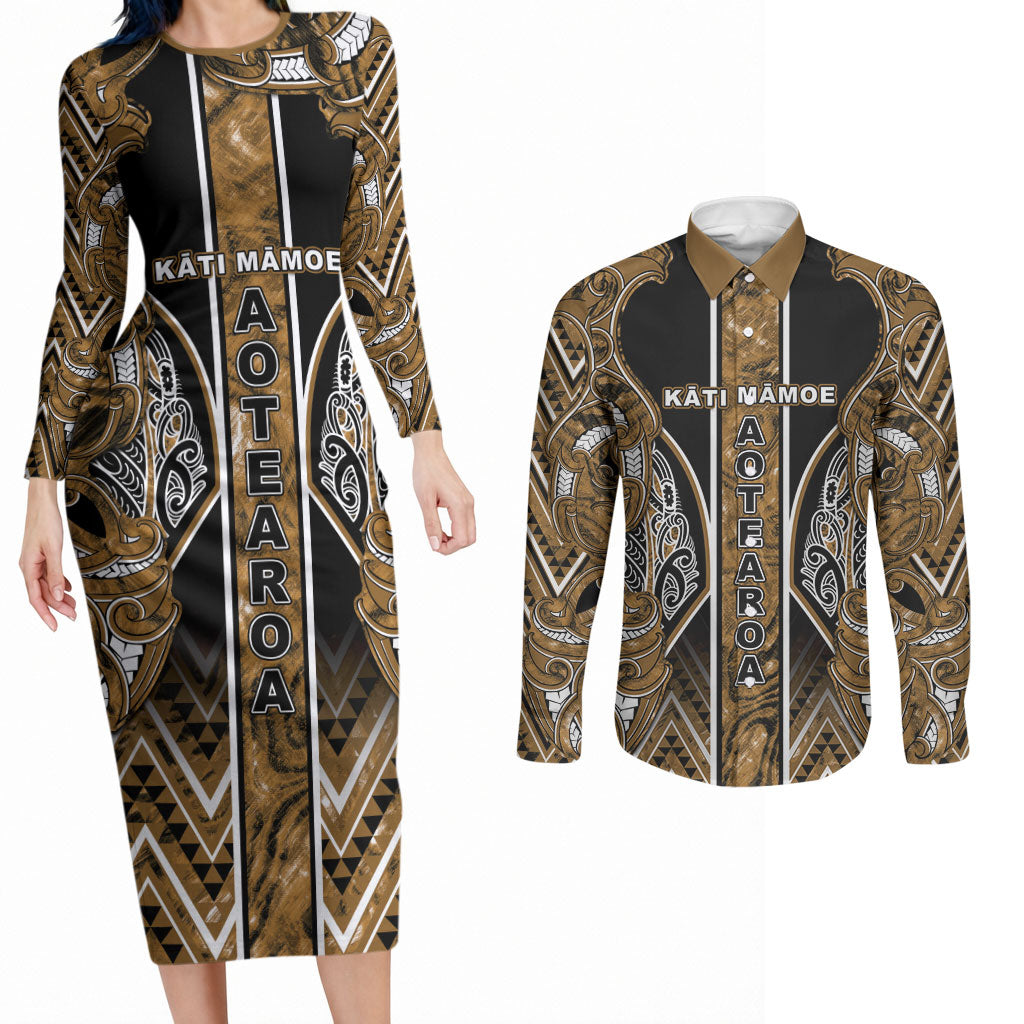 Aotearoa Kati Mamoe Couples Matching Long Sleeve Bodycon Dress and Long Sleeve Button Shirt Maori Brown Tribal Paua Shell Pattern