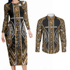 Aotearoa Kati Mamoe Couples Matching Long Sleeve Bodycon Dress and Long Sleeve Button Shirt Maori Brown Tribal Paua Shell Pattern