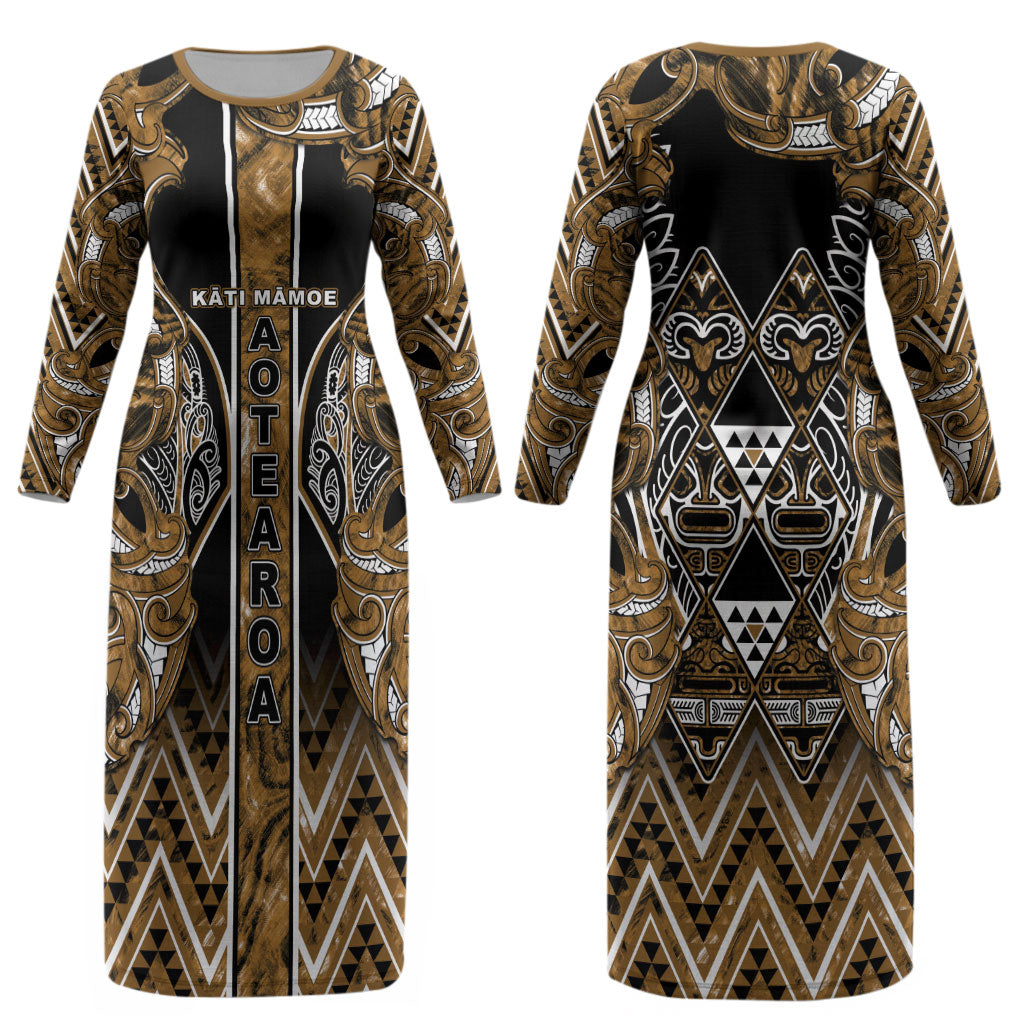 Aotearoa Kati Mamoe Couples Matching Long Sleeve Bodycon Dress and Long Sleeve Button Shirt Maori Brown Tribal Paua Shell Pattern