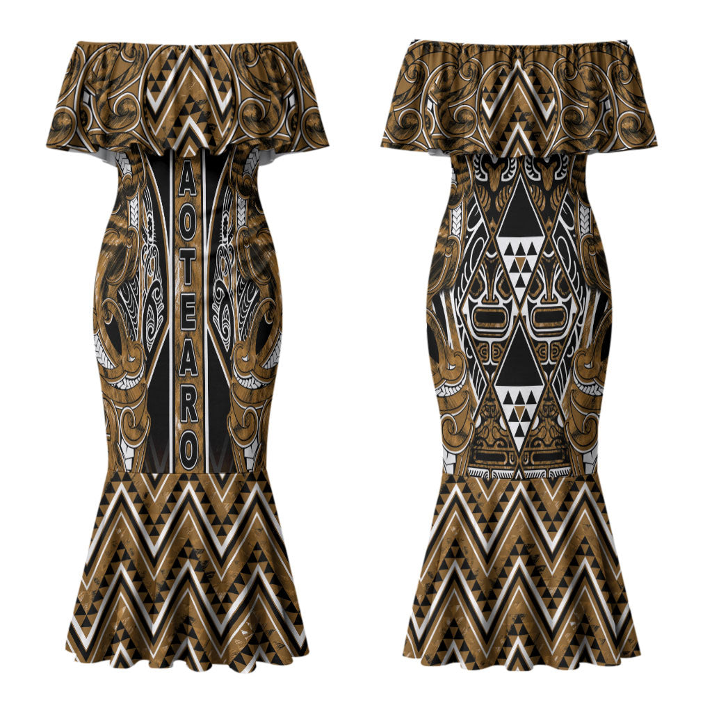 Aotearoa Kati Mamoe Couples Matching Mermaid Dress and Long Sleeve Button Shirt Maori Brown Tribal Paua Shell Pattern