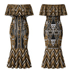 Aotearoa Kati Mamoe Couples Matching Mermaid Dress and Long Sleeve Button Shirt Maori Brown Tribal Paua Shell Pattern