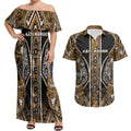 Aotearoa Kati Mamoe Couples Matching Off Shoulder Maxi Dress and Hawaiian Shirt Maori Brown Tribal Paua Shell Pattern